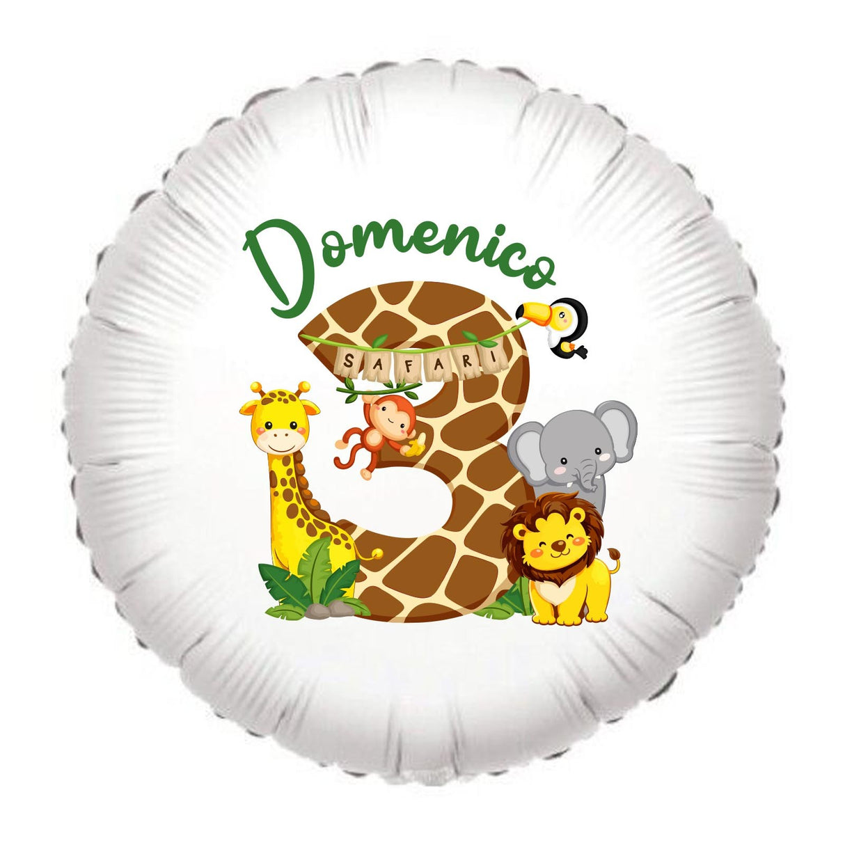 Palloncino foil tondo 18″ bianco con scritta Domenico e animali safari