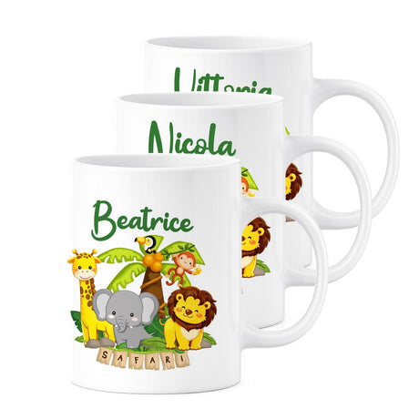 Set di 6 tazze personalizzate Safari bianche con nomi e animali della giungla