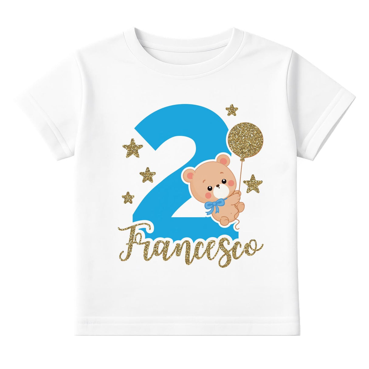 Maglietta bianca con stampa orsetto azzurra e nome Francesco