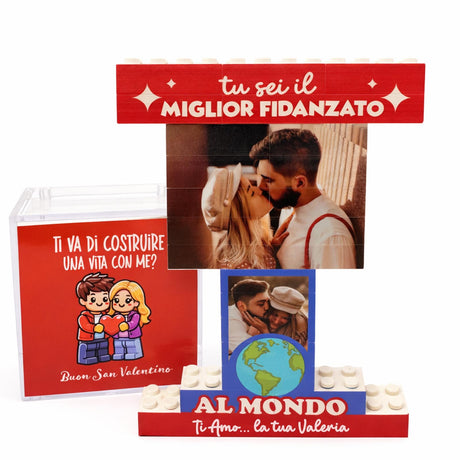 Trofeo personalizzato rosso con foto e scritta Miglior Fidanzato al Mondo