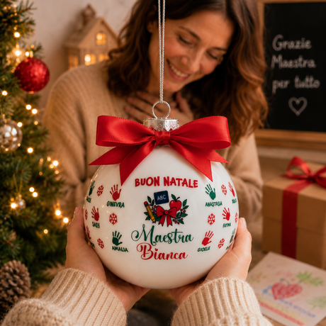 Pallina di Natale bianca con fiocco rosso personalizzata, tenuta tra le mani