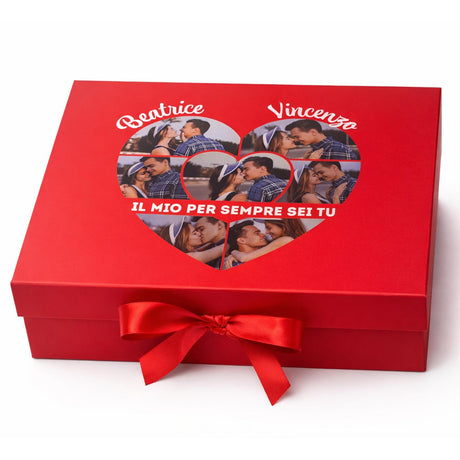 Scatola regalo rossa con cuore foto, nomi Beatrice e Vincenzo, nastro rosso