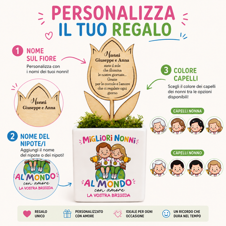 Vaso personalizzabile con fiore in legno, istruzioni di nomi e colori capelli
