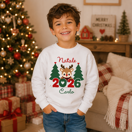 Felpa bianca bambino con stampa Natale 2026, renna e nome Carlo