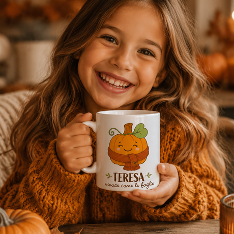 Tazza bianca con zucca e nome 'TERESA', scritta 'viace come le foglie'.