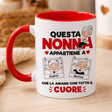 Tazza bianca con manico e bordo rossi, scritta Questa Nonna e cuori