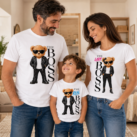 Set 3 t-shirt bianche: uomo THE BOSS, donna THE LADY, bambino THE REAL