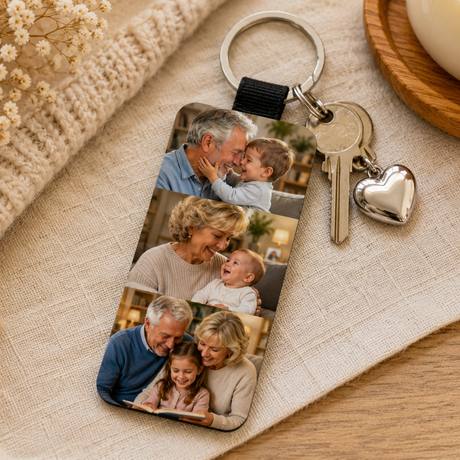Portachiavi personalizzato con 3 foto su fascetta nera, anello e chiavi con cuore