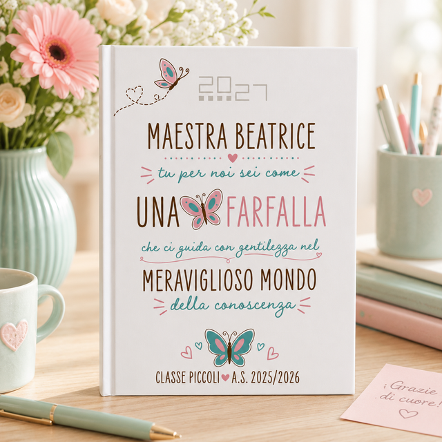 Agenda personalizzata con copertina crema, farfalle e scritta Maestra Beatrice