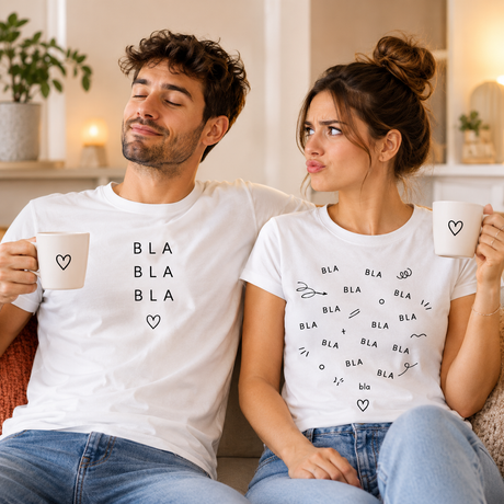 Coppia di t-shirt bianche con stampa “BLA” e cuori, uomo e donna