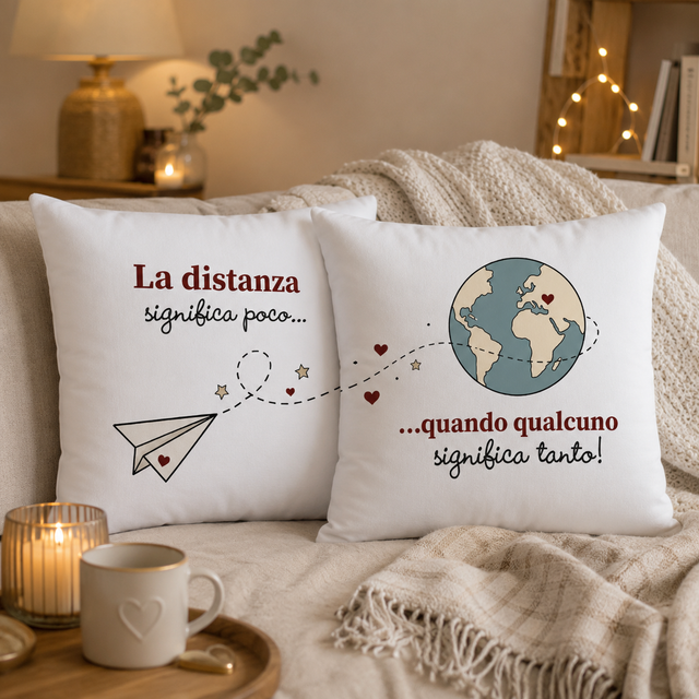Coppia di cuscini bianchi con stampa distanza, cuori e globo