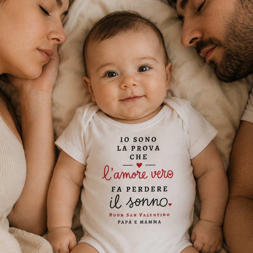 Body neonato bianco a maniche corte con scritta San Valentino in rosso e nero