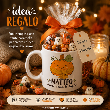 Tazza bianca con zucca e nome 'MATTEO', nastro e biglietto per idea regalo.