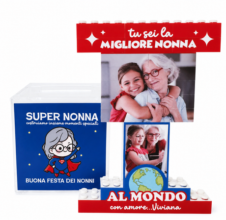 Trofeo mattoncini con foto nonna, fascia rossa “Migliore Nonna” e base “Al mondo”