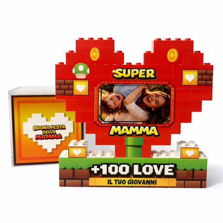 Cuore di mattoncini rosso con finestra foto e scritta SUPER MAMMA +100 LOVE