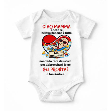 Body neonato bianco a maniche corte con grafica colorata e scritta 'All Inclusive'