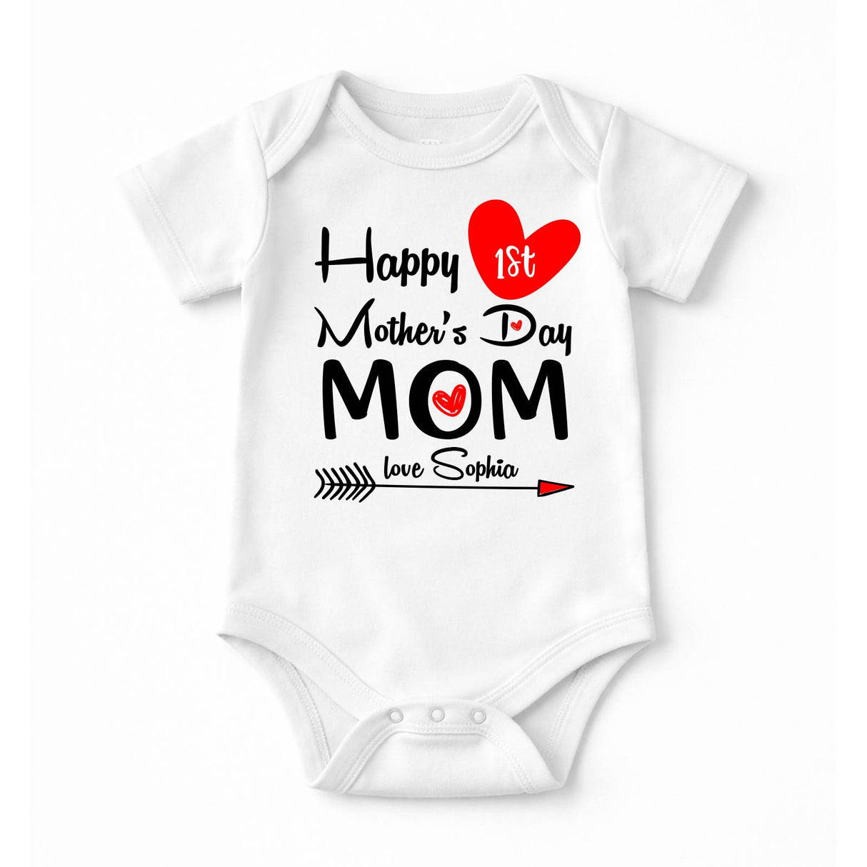 Body neonato bianco con stampa “Happy Mother’s Day Mom” e cuori rossi e neri, bottoni
