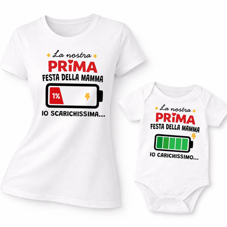 Coppia t-shirt e body coordinati bianchi con scritta “Prima Festa della Mamma”