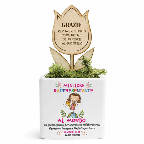 Vasetto bianco con fiore “Grazie”, germoglio verde e “Migliore rappresentante”