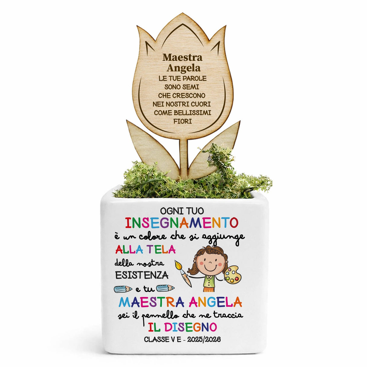 Vasetto decorativo personalizzato per maestra con inserto in legno e scritta multicolore