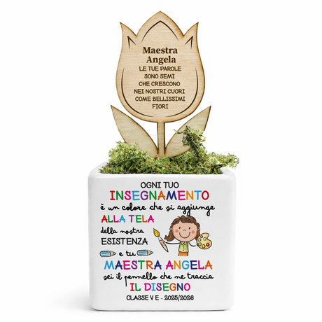 Vasetto decorativo personalizzato per maestra con inserto in legno e scritta multicolore