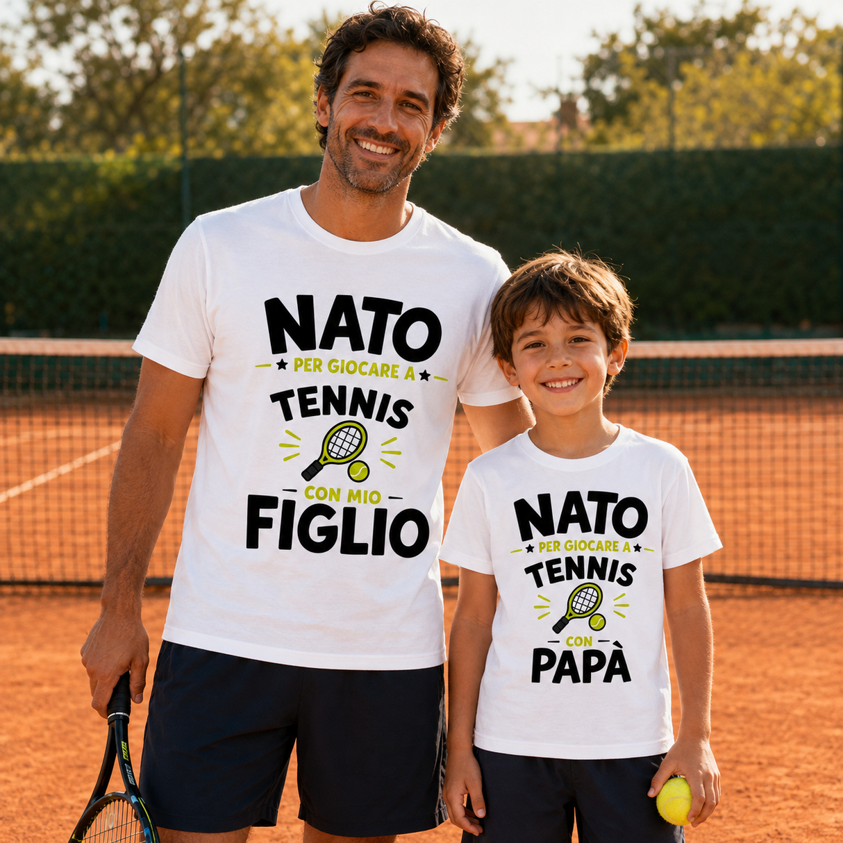 T-shirt bianca uomo e bambino con grafica “NATO TENNIS” con racchetta