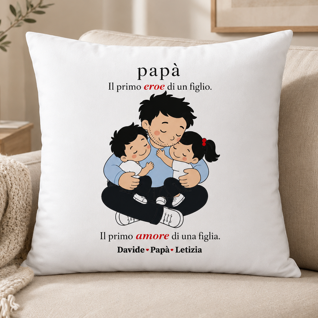 Cuscino personalizzato bianco con papà, figli e testo ricamato in nero e rosso
