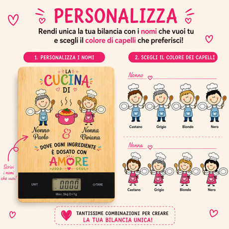 Bilancia digitale in bambù personalizzabile: nomi e colori capelli, grafica “La Cucina”