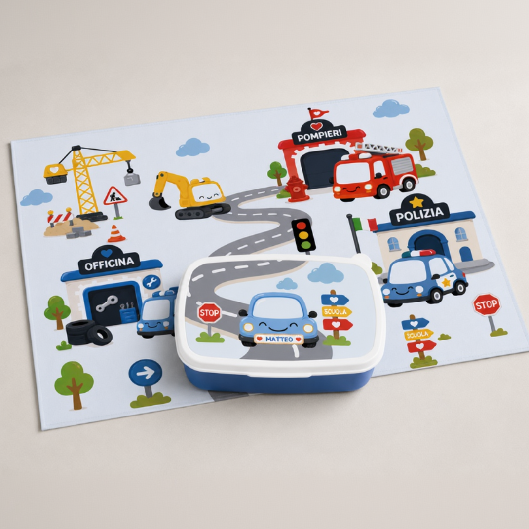 Set lunch box e tovaglietta per bambini, grafica macchinine e semafori