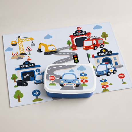 Set lunch box e tovaglietta per bambini, grafica macchinine e semafori