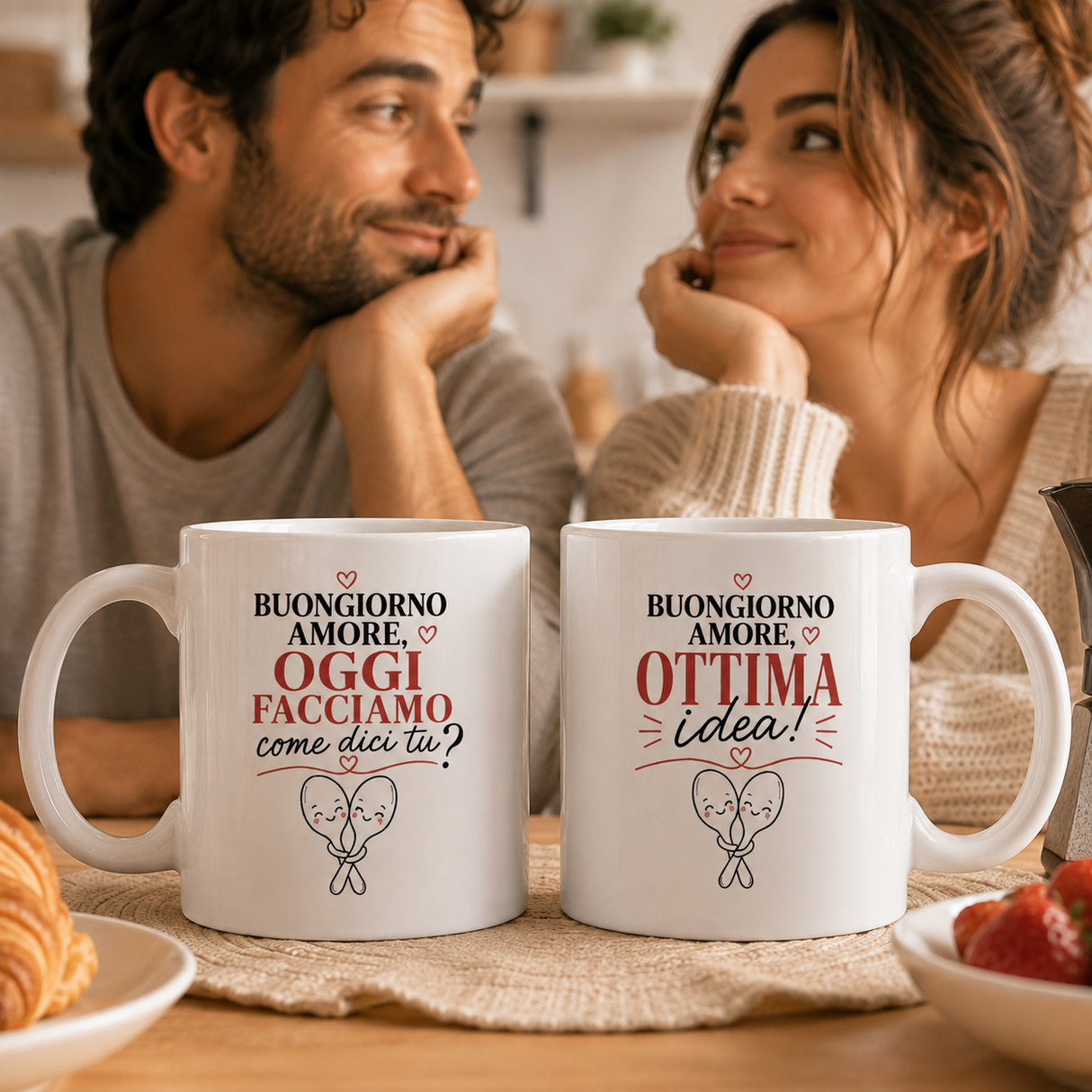 Set di 2 tazze bianche con scritte romantiche e cuori