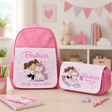 Astuccio rosa con nome Beatrice e unicorno, con zainetto abbinato in scena