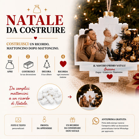 Decorazione natalizia in mattoncini bianchi con grafica 'Natale da costruire'