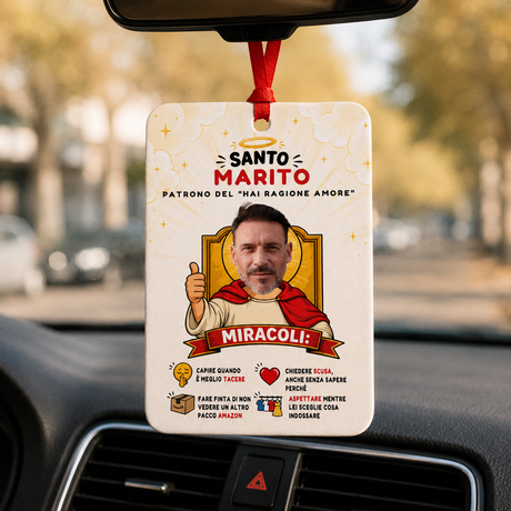 Profumatore auto personalizzato Santo Marito con foto e cordino rosso, quadrato arrotondato