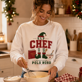Felpa natalizia bianca con stampa Elf Chef e scritta Polo Nord sul petto