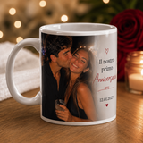 Tazza bianca con foto di coppia e testo “Il nostro primo Anniversario” 12.01.2027