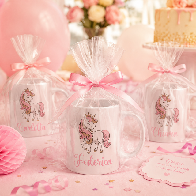 Set di tazze con unicorno: confezioni rosa trasparenti con nomi stampati