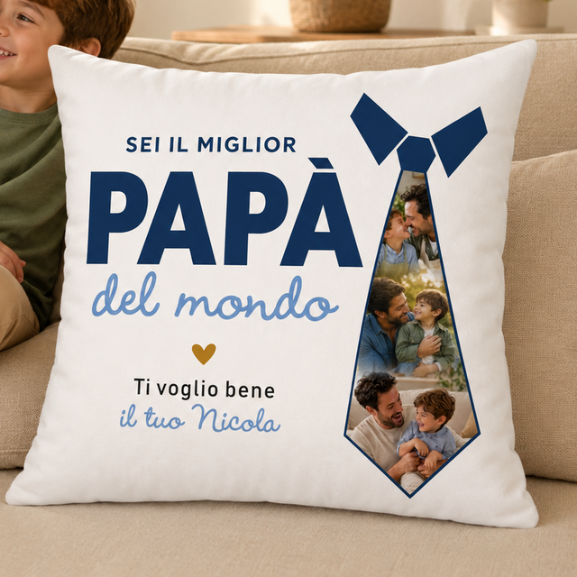 Cuscino bianco con stampa a cravatta, Sei il miglior papà del mondo e tre foto