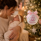 Pallina di Natale in vetro con fiocco rosa e scritta “Il primo Natale di Ginevra”