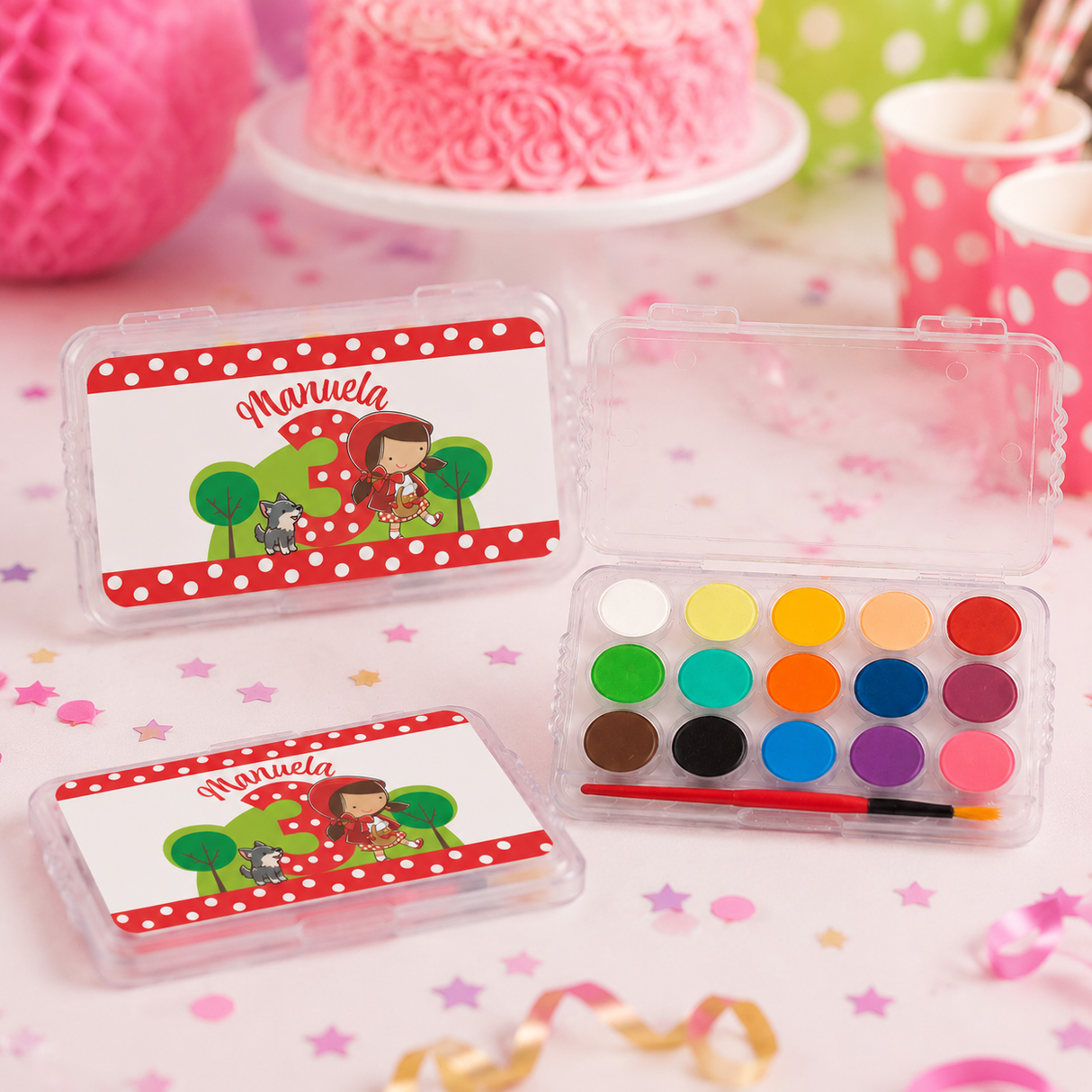 Kit mini acquerellini personalizzati: tavolozza colori e 2 astucci rossi.