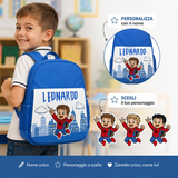 Zainetto blu indossato da bambino con nome LEONARDO e disegno bimbo