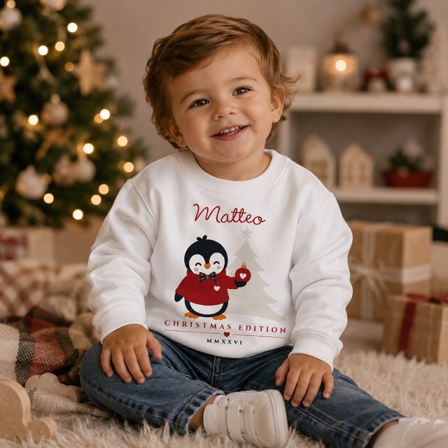 Felpa bianca bambino con pinguino e nome Matteo, Christmas Edition