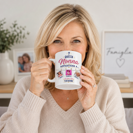 Tazza bianca con scritta “Questa Nonna appartiene a…” e foto dei nipoti