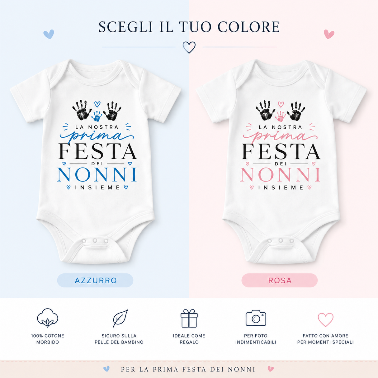 Confezione 2 body neonato bianchi: uno azzurro e uno rosa con Festa dei Nonni