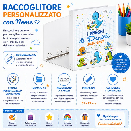 Raccoglitore ad anelli personalizzato con dinosauri, copertina bianca e grafica “i DISEGNI”