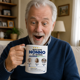 Uomo anziano tiene in mano tazza bianca “Migliore Nonno al Mondo” con nome Giovanni
