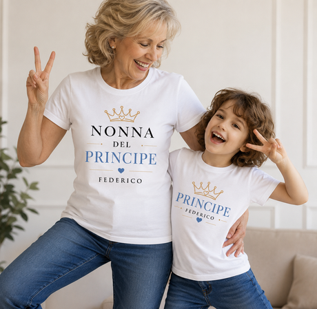 T-shirt bianche: NONNA del PRINCIPE e PRINCIPE con nome FEDERICO