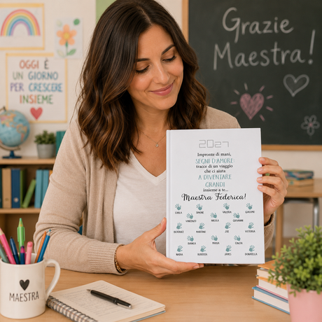 Agenda personalizzata in mano a una maestra, copertina bianca con impronte e nomi