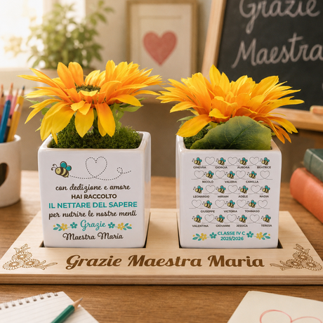 Vasetti personalizzati con base in legno: due fioriere bianche con girasoli