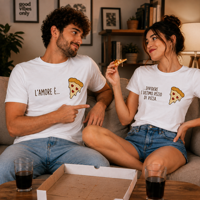 T-shirt bianca con stampa pizza colorata e testo “L’amore è…” sul davanti